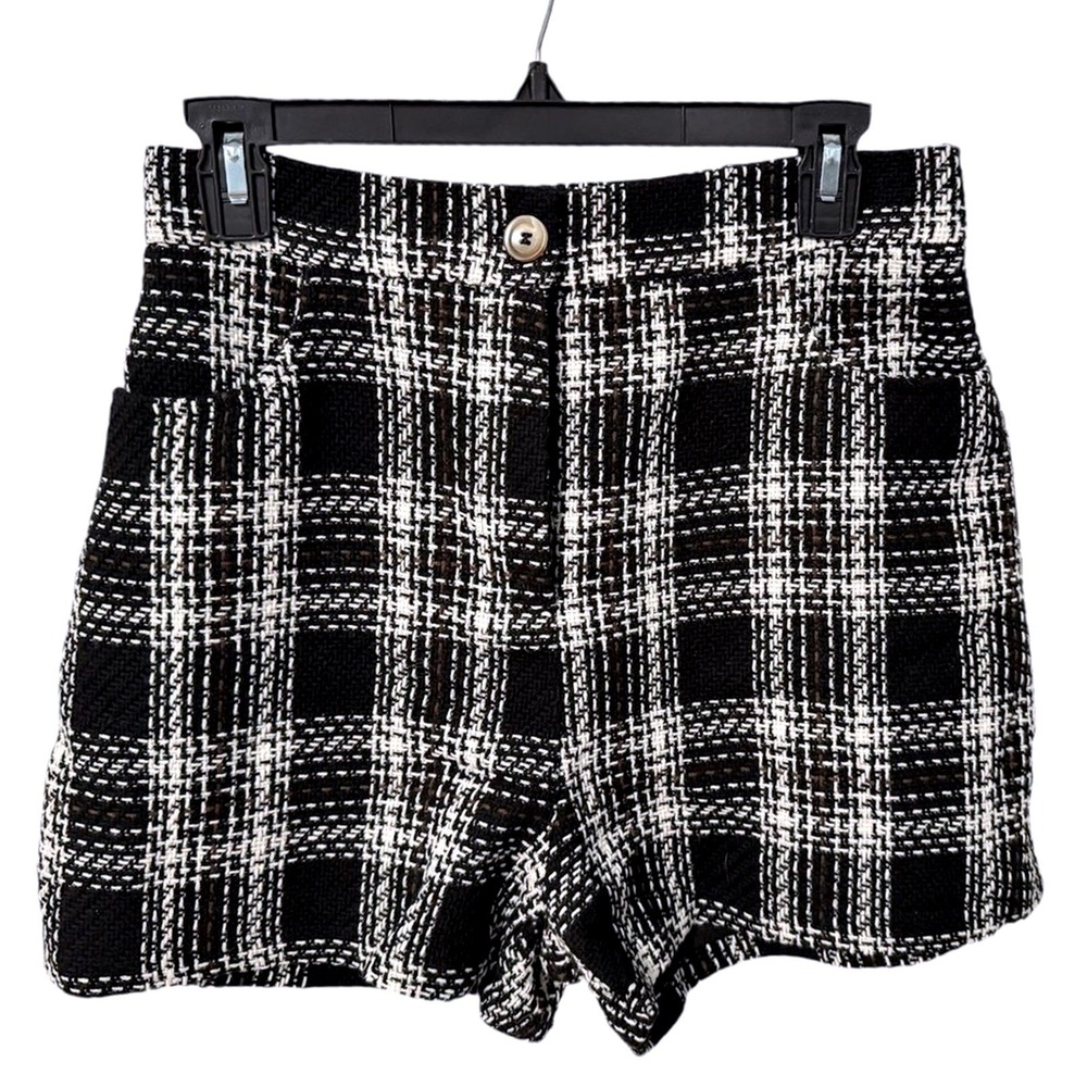Pink Lily On Call Black White Plaid Tweed High Waisted Shorts Womens Medium